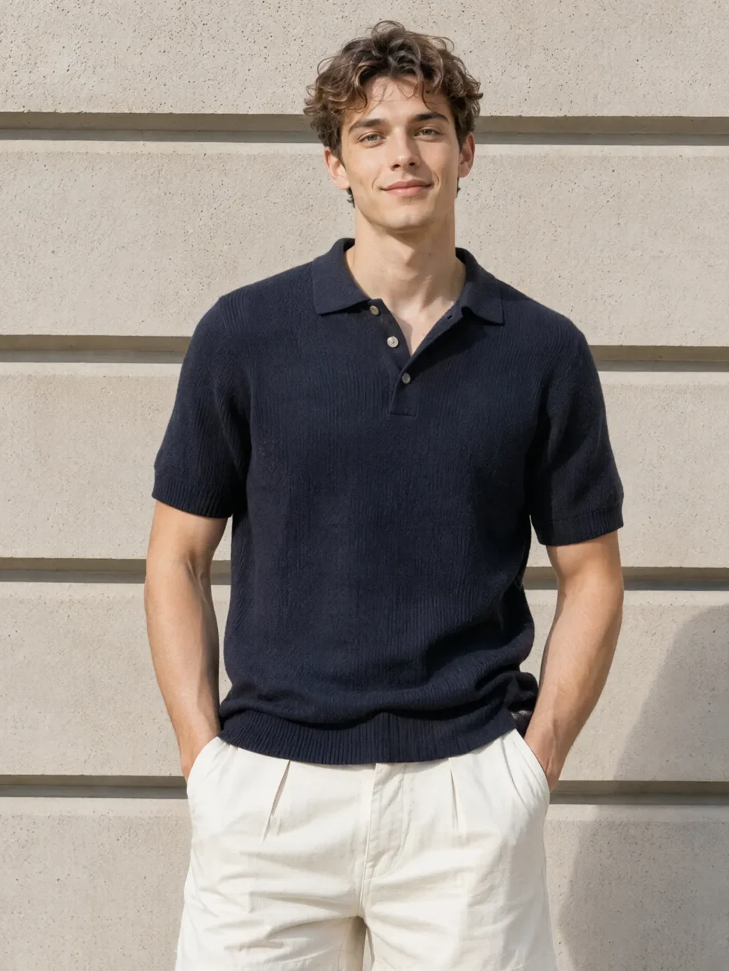 A portrait restyled into a navy knitted polo against a pale concrete wall