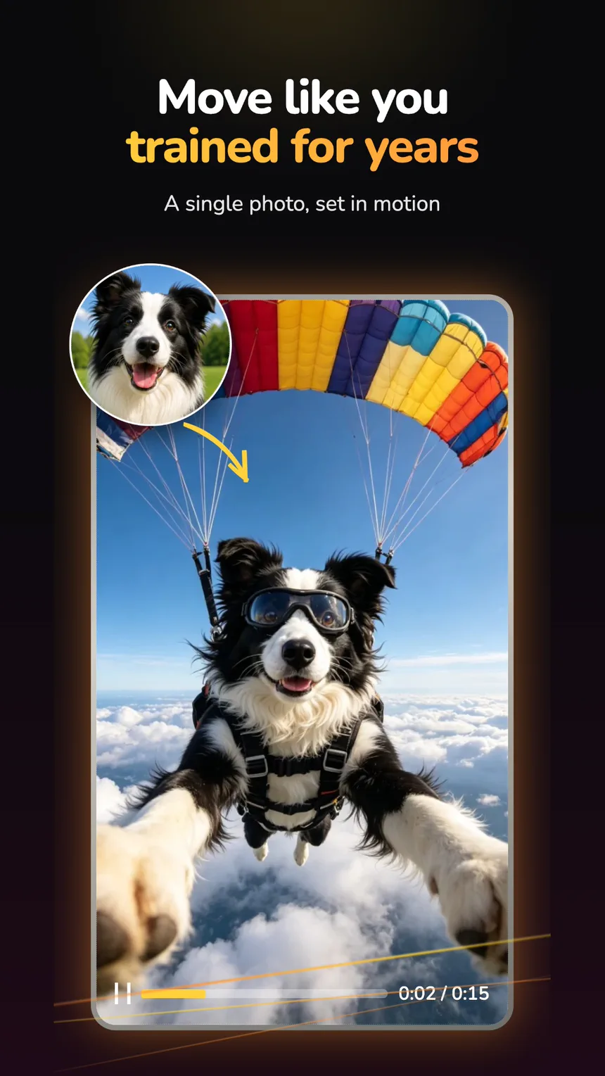 A still photo of a dog turned into a short skydiving video inside CutPapaya