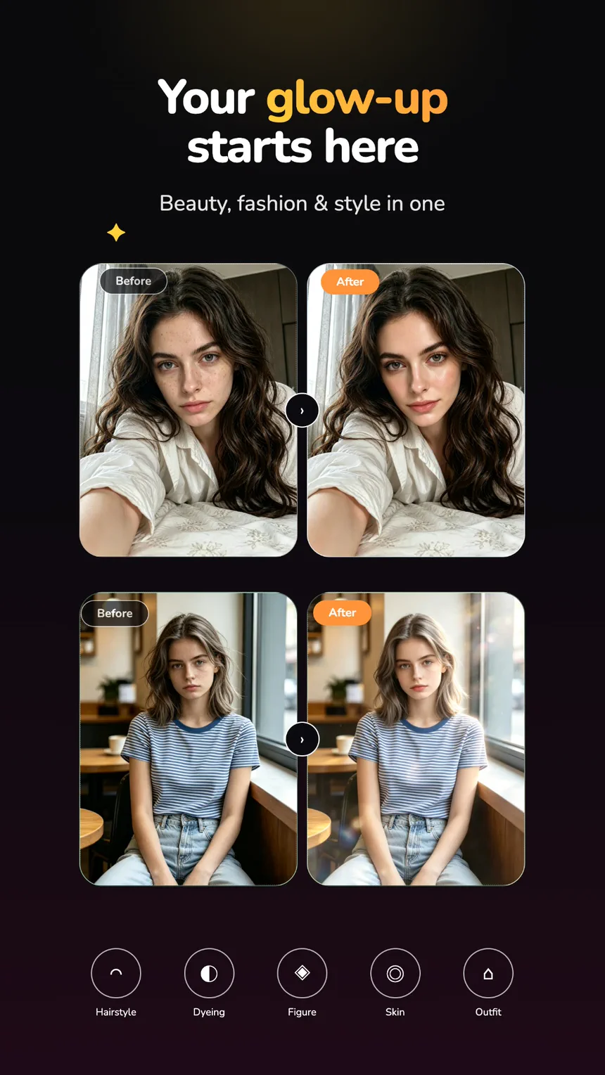 Before and after portraits showing CutPapaya's hairstyle, skin, and outfit controls