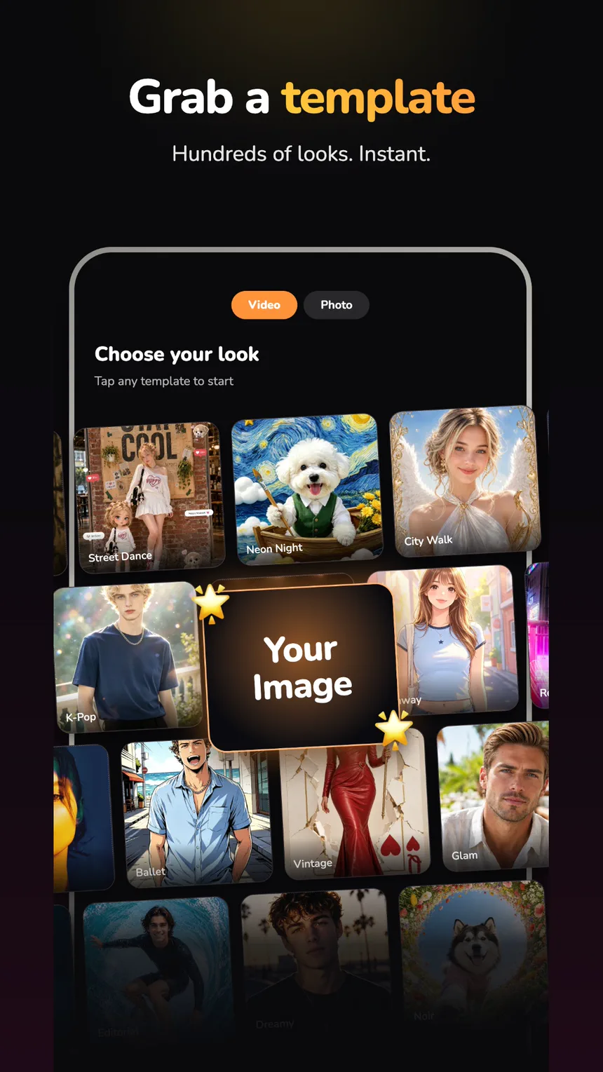 CutPapaya's template gallery with photo and video looks to choose from